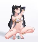  1girl barefoot black_hair bottomless detached_sleeves fate/grand_order fate_(series) highres ishtar_(fate) navel open_mouth pussy red_eyes signature simple_background single_detached_sleeve solo squatting yinori 