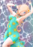  1girl a3_k306021 bare_shoulders blonde_hair blue_eyes blush breasts cleavage dress flower hair_flower hair_ornament hair_over_one_eye highres long_hair looking_at_viewer mario_(series) medium_breasts official_alternate_costume open_mouth parted_lips partially_submerged rosalina signature solo star_(symbol) symbol-only_commentary 