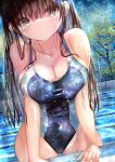 1girl absurdres black_hair black_swimsuit blush breasts chain-link_fence cleavage commentary_request competition_swimsuit cowboy_shot dutch_angle embarrassed fence grey_eyes highres lane_line large_breasts long_hair looking_at_viewer ogata_tei one-piece_swimsuit original pool solo swimsuit tree wet 