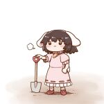  1girl :3 animal_ears bangs black_hair breath carrot dress full_body inaba_tewi medium_hair pink_dress poronegi rabbit_ears rabbit_tail red_footwear shoes short_sleeves shovel socks solo standing tail touhou white_background white_legwear 