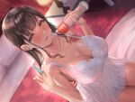 1girl :d areolae bangs bare_shoulders blunt_bangs blurry blurry_background blush breasts brown_hair cleavage collarbone condom_on_finger depth_of_field dress dutch_angle eyebrows_visible_through_hair fingernails full-face_blush hair_behind_ear hand_up highres holding indoors lamp large_breasts long_hair looking_at_viewer lower_teeth lube nightgown on_bed open_mouth orange_eyes original sakamuke see-through smile solo teeth white_dress 