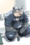  2022 anthro belly blush bodily_fluids bottomwear can clothing container hi_res humanoid_hands kemono kisukemk777 male mammal overweight overweight_male pants shirt sitting solo tears topwear ursid 