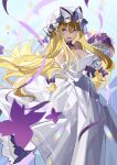  1girl :d blonde_hair bouquet breasts cleavage commentary dress elbow_gloves eyebrows_visible_through_hair falken_(yutozin) flower gloves hair_between_eyes hat highres holding holding_bouquet large_breasts long_hair looking_at_viewer mob_cap open_mouth petals purple_eyes smile solo touhou wedding_dress white_dress white_gloves white_headwear yakumo_yukari 