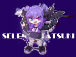  1girl animal_on_shoulder apex_legends black_footwear black_sweater blue_eyes braid character_name chibi chinese_commentary criangle_k. dragon ember_(selen_tatsuki) fangs gun hair_ornament hairclip head_wings heterochromia holding holding_gun holding_weapon lanyard medium_hair muzzle nijisanji nijisanji_en open_hand pants purple_background purple_eyes purple_hair purple_pants r-99_smg selen_tatsuki shoes smile sneakers solo submachine_gun sweater twin_braids untied_footwear virtual_youtuber weapon 