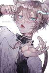  1boy absurdres animal_ears bad_anatomy blue_eyes brown_hair cat_boy cat_ears cat_tail chinese_clothes fangs highres long_sleeves looking_at_viewer male_focus nail_polish nemuo_(air012ryo) original pale_skin shirt solo tail white_background white_shirt 