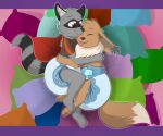  anthro big_diaper biped black_nose black_stripes blep blue_diaper blue_pillow brown_body brown_fur brown_tail bunnykisses cheek_tuft clothing diaper dipstick_tail duo ear_tuft eevee embrace eyes_closed facial_tuft feral fur green_pillow grey_body grey_ears grey_fur grey_inner_ear grey_stripes head_tuft hug inner_ear_fluff lying male mammal markings neck_tuft nintendo on_side orange_pillow pillow pok&eacute;mon pok&eacute;mon_(species) procyonid purple_pillow quadruped raccoon red_pillow shirt smile striped_body striped_fur striped_markings striped_tail stripes t-shirt tail_markings tongue tongue_out topwear tuft video_games white_body white_fur white_inner_ear_fluff white_tail 