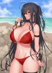  1girl absurdres ahoge arm_strap azur_lane bangs bare_shoulders beach bikini black_choker black_hair blue_sky breasts choker cleavage closed_mouth cloud collarbone commentary cowboy_shot crossed_bangs day eyebrows_visible_through_hair groin hair_between_eyes hand_up highres holding holding_hair large_breasts long_hair navel ocean outdoors pinkcap red_bikini red_eyes sidelocks skindentation sky solo standing stomach swimsuit taihou_(azur_lane) thigh_strap very_long_hair wrist_wrap 