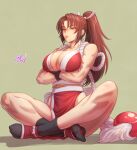  1girl black_legwear breasts brown_eyes brown_hair fatal_fury fujii_eishun green_background hair_ornament high_ponytail highres japanese_clothes large_breasts long_hair ninja ponytail revealing_clothes rope shiranui_mai simple_background sitting socks solo the_king_of_fighters very_long_hair 