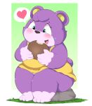  2022 animal_crossing anthro black_nose blush bread clothed clothing food hi_res humanoid_hands kemono kusosensei mammal megan_(animal_crossing) nintendo purple_body sitting slightly_chubby solo ursid video_games 