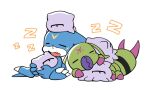  closed_mouth commentary_request digimon digimon_(creature) digimon_adventure digimon_adventure_02 holding lao_wen lying no_humans on_side open_mouth simple_background sitting sleeping veemon white_background wormmon zzz 