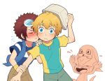 2boys blonde_hair blue_eyes blue_vest blush brown_hair brown_pants child commentary_request covering_another&#039;s_eyes cowboy_shot digimon digimon_(creature) digimon_adventure digimon_adventure_02 fang frown goggles goggles_on_head green_pants hat holding holding_clothes holding_hat kiss lao_wen male_focus motomiya_daisuke multiple_boys open_mouth pants patamon sharp_teeth simple_background surprised sweatdrop takaishi_takeru teeth v veemon vest white_background 