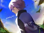  0roshioji3ran 1boy bangs blurry closed_mouth cloud commentary_request day frown highres jacket leaves_in_wind looking_back male_focus outdoors paul_(pokemon) pokemon pokemon_(anime) pokemon_dppt_(anime) purple_hair short_hair sky solo split_mouth twitter_username 
