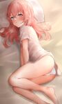  1girl absurdres ass bangs bare_legs barefoot blush closed_mouth commentary_request crossed_bangs dstwins97 feet from_side grey_shirt hair_between_eyes head_on_pillow highres inui_sajuna long_hair looking_at_viewer looking_to_the_side lying on_bed on_side panties pillow pink_eyes pink_hair revision see-through_silhouette shirt short_sleeves solo sono_bisque_doll_wa_koi_wo_suru striped striped_panties sweat tearing_up thighs underwear 