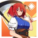  1girl bangs breasts closed_mouth dango eating eyebrows_visible_through_hair food hair_bobbles hair_ornament holding holding_food holding_scythe looking_at_viewer multicolored_background obi onozuka_komachi orange_background red_eyes red_hair sash scythe short_hair solo totosu touhou two_side_up upper_body wagashi yellow_background 