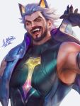  1boy animal_ears armpit_hair armpits artist_name bara beard bich_hoan ear_piercing earrings facial_hair fangs gloves highres jacket jewelry league_of_legends looking_at_viewer male_focus manly muscular muscular_male pectorals piercing smile sylas_(league_of_legends) tattoo tight tongue_piercing white_hair wolf_ears yellow_eyes 