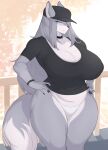  alldropped anthro big_breasts blue_eyes bottomless breasts canid canine canis clothed clothing collar digital_media_(artwork) female gezo_(alldropped) grey_body hi_res looking_at_viewer mammal nude panties public public_nudity simple_background solo thick_thighs underwear wide_hips wolf 