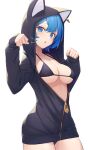  1girl 774_inc. :o animal_hood animare bikini black_bikini black_jacket blue_eyes blue_hair breasts cat_hood halterneck highres hood hooded_jacket jacket looking_at_viewer medium_breasts nishino_eri open_mouth short_hair simple_background souya_ichika strap_gap swimsuit thighs virtual_youtuber white_background 