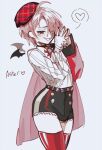  1boy androgynous aster_(nu_carnival) bat_wings fangs heart highres long_sleeves looking_at_viewer mini_wings nu_carnival otoko_no_ko pale_skin pink_hair pointy_ears red_eyes red_legwear shirt short_shorts shorts sketch smirk thick_thighs thighhighs thighs vampire vorqcity white_background white_shirt wings 