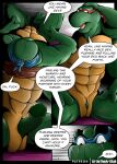  abs anthro artietheartbull biceps comic dialogue duo english_text erection genitals hi_res leonardo_(tmnt) male male/male muscular muscular_anthro muscular_male nipples nude open_mouth pecs penis raphael_(tmnt) reptile scalie shell simple_background teenage_mutant_ninja_turtles text turtle 
