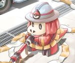  2022 anthro armor biped clothed clothing detailed_background firefighter fuecoco hard_hat headgear helmet mk_mukiguri nintendo pok&eacute;mon pok&eacute;mon_(species) red_body solo video_games 