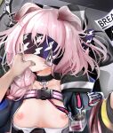  1girl arknights black_collar blindfold blue_bow bow braid breasts collar cropped finger_in_mouth floppy_ears goldenglow_(arknights) hair_bow hair_ornament hairclip highres id_card jacket lightning_bolt_print long_hair nipples nopetroto open_clothes open_jacket pink_hair pov pov_hands reward_available scissors shirt small_breasts solo_focus torn_clothes torn_shirt 