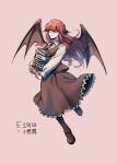  1girl :o ahoge bat_wings black_legwear black_skirt black_vest book book_stack bookmark brown_footwear character_name collared_shirt commentary_request dress_shirt elosia embodiment_of_scarlet_devil full_body head_wings highres holding holding_book koakuma korean_text long_hair long_sleeves looking_at_viewer necktie pantyhose pink_background red_eyes red_hair red_necktie shirt simple_background skirt skirt_set solo touhou vest white_shirt wings 