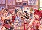  6+girls absurdres amano_nene_(vtuber) angrycomputer_studio apron aruru_gray black_hair blue_eyes blue_hair bowl braid breasts charlotte_suzu chocolate collarbone commission crown_braid english_commentary everyone eyebrows_visible_through_hair flat_chest fox_mask grey_hair hair_bun hair_ribbon highres holding holding_bowl isla_coleman large_breasts lua_asuka makurano_neena mask mask_on_head medium_breasts multiple_girls naked_apron namiji_freesia pink_apron pink_eyes ponytail production_kawaii red_hair refrigerator reina_sun_(vtuber) ribbon second-party_source shee_icho smile twintails v-shaped_eyebrows white_ribbon yellow_eyes 