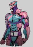  1boy armor belt dinosaur helmet highres ichitaka_(1015ichitaka) jaw kamen_rider kamen_rider_revi kamen_rider_revice male_focus open_mouth pink_armor revice_driver rex_genome sharp_teeth shoulder_pads simple_background sketch stylistic teeth tokusatsu tyrannosaurus_rex vistamp 