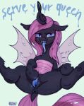  2020 anus arthropod blue_eyes blush changeling english_text fan_character fangs female feral friendship_is_magic front_view genitals hair hasbro hi_res hooves horn kotya long_tongue my_little_pony open_mouth pupils purple_hair pussy quadruped queen_medley_(oc) slit_pupils solo spread_legs spreading teeth text tongue tongue_out wings 
