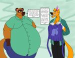  2022 animal_crossing anthro apron belly big_belly blush bottomwear brown_body canid canine clothing crazy_redd duo english_text fox hi_res humanoid_hands male mammal nintendo obese obese_male overweight overweight_male pants raccoon_dog shirt swatthefox tanuki text tom_nook_(animal_crossing) topwear video_games 