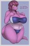  2:3 5_fingers absurd_res anthro big_breasts blue_background blush bodily_fluids border breasts cleavage clothed clothing curvy_figure cute_fangs deltarune dialogue english_text female fingers glistening glistening_body glistening_clothing grey_border gris_swimsuit hair hand_on_breast hi_res huge_breasts johnmarten knees_together lizard meme meme_clothing navel one-piece_swimsuit open_mouth portrait purple_body purple_hair reptile scalie shaded simple_background solo speech_bubble spots standing susie_(deltarune) sweat sweatdrop swimwear tagme text thick_thighs three-quarter_portrait translucent translucent_clothing translucent_swimwear under_boob undertale_(series) video_games voluptuous wide_hips yellow_eyes 