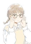  1girl absurdres adjusting_eyewear bangs black-framed_eyewear blush_stickers braid brown_eyes brown_hair closed_mouth expressionless eyebrows eyebrows_behind_hair glasses hair_behind_ear hands_up highres itunohika long_sleeves looking_at_viewer looking_to_the_side low_twintails muted_color no_pupils original pale_color pink_sweater puffy_long_sleeves puffy_sleeves shirt short_hair short_twintails signature simple_background solo sweater sweater_vest thick_eyebrows twin_braids twintails upper_body white_background white_shirt wing_collar 