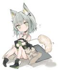  1girl :o animal_ear_fluff animal_ears arknights bangs bare_shoulders black_footwear blush boots cattail dress eyebrows_visible_through_hair full_body green_dress green_eyes grey_hair grey_jacket hair_between_eyes head_tilt holding jacket kal&#039;tsit_(arknights) long_sleeves looking_at_viewer mikojin off-shoulder_jacket off_shoulder parted_lips plant puffy_long_sleeves puffy_sleeves sitting sleeves_past_wrists solo v-shaped_eyebrows white_background 