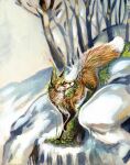  acrylic_painting_(artwork) ambiguous_gender cadmiumtea canid canine cliff cloudy elemental_creature feral forest fox hi_res looking_back mammal painting_(artwork) plant sapling snow solo spirit spring traditional_media_(artwork) tree 