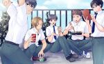  5boys belt black_eyes black_hair blue_eyes brown_eyes brown_hair cellphone chopsticks commentary_request eating food glasses happy highres multiple_boys necktie open_mouth original pants phone reading school_uniform shirt shoes sitting smartphone smile standing talking totoyasu_tsp white_shirt 