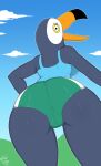  2022 absurd_res anthro avian beak big_beak bird black_body bottomwear butt camel_toe clothing female hi_res hotpants looking_at_viewer looking_back looking_back_at_viewer mehdrawings netflix presenting presenting_hindquarters ramphastos shirt shorts solo tank_top thick_thighs tight_clothing toco_toucan topwear toucan tuca_(tuca_and_bertie) tuca_and_bertie wide_hips 