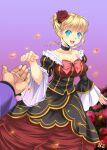  1boy 1girl :d beatrice_(umineko) black_battler blonde_hair blue_eyes bow breasts choker cleavage dress flower hair_bun hair_flower hair_ornament out_of_frame petals purple_background red_flower red_rose rose smile solo_focus sousui_hani umineko_no_naku_koro_ni ushiromiya_battler 