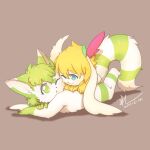  4_fingers anthro blonde_hair blue_eyes cuddling duo eye_contact female feral fingers flower fur furyraptor23 green_body green_eyes green_fur green_hair hair half-closed_eyes hi_res inner_ear_fluff legendary_pok&eacute;mon long_ears looking_at_another lying male narrowed_eyes neck_tuft niima_(shaymin) nintendo on_front plant pok&eacute;mon pok&eacute;mon_(species) shaymin sky_forme_shaymin tuft video_games white_body white_fur yellow_body yellow_fur 