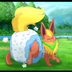  anthro blush butt canid canine diaper eeveelution flareon happy hi_res looking_at_viewer male mammal nintendo outside pok&eacute;mon pok&eacute;mon_(species) solo video_games 