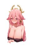  1girl absurdres animal_ears bangs bare_shoulders blush breasts collarbone cucchiore earrings fox_ears genshin_impact hair_ornament highres jewelry large_breasts long_hair looking_at_viewer pink_hair purple_eyes sidelocks solo very_long_hair yae_miko 