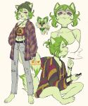  2022 anthro anthrofied ashleyloob baggy_clothing beanie blush bottomwear bracelet choker clothed clothing denim denim_clothing digital_media_(artwork) dipstick_tail drugs ear_piercing felid feline female flannel flannel_shirt fur green_body green_fur green_hair hair hat headgear headwear hi_res jeans jewelry looking_at_viewer looking_down_at_viewer mammal marijuana markings midriff necklace nintendo off_shoulder pants piercing pink_sclera pok&eacute;mon pok&eacute;mon_(species) pok&eacute;morph red_eyes simple_background sitting smoking smoking_weed smug solo sprigatito standing stoned substance_intoxication tail_markings tired_eyes tomboy topwear torn_bottomwear torn_clothing torn_jeans torn_pants video_games white_background zippo_lighter 