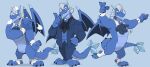  anthro blue_background blue_body blue_bottomwear blue_clothing blue_pants blue_topwear bottomwear claws clothing dragon hair hi_res hikazedragon horn male pants scalie simple_background solo suit topwear white_hair wings 
