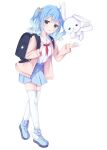  1girl backpack bag blue_eyes blue_hair blush bunny crescent crescent_hair_ornament full_body hair_ornament highres kimamani_live kulori mizugame_meno official_art pale_skin pastel_colors school_uniform serafuku solo star_(symbol) star_hair_ornament stuffed_animal stuffed_toy thighhighs virtual_youtuber 