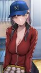  1girl absurdres bangs baseball baseball_cap basket black_hair blue_headwear blush breasts brown_eyes cleavage closed_mouth collarbone gentsuki hat highres holding holding_basket jacket large_breasts long_hair long_sleeves looking_at_viewer original partially_unzipped red_jacket smile solo 