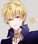  1boy bangs blonde_hair blue_shirt commentary commentary_request earrings eyebrows_visible_through_hair face fate/grand_order fate_(series) gilgamesh_(caster)_(fate) gilgamesh_(establishment)_(fate) gilgamesh_(fate) grey_background hair_between_eyes highres jewelry kaa light_smile looking_at_viewer male_focus necklace official_alternate_costume red_eyes shirt short_hair simple_background smile solo sun 