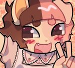  ambiguous_gender anthro black_hair blush brown_body brown_fur canid canine canis clothing cute_fangs digital_media_(artwork) domestic_dog dress front_view fur gesture hair mammal open_mouth pattern_background pink_clothing pink_dress pink_hair puraco selfie simple_background v_sign 