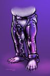  2021 ankle_cuffs anthro balls bottomwear chain chastity_cage chastity_device claws clothing crotchless_clothing cuff_(restraint) genitals hi_res hook lock loonertick male mammal padlock pants purple_background restraints simple_background solo spandex tight_clothing ursid 