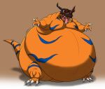  2015 3_fingers 3_toes anthro bandai_namco belly big_belly bodily_fluids claws cracked cracked_ground digimon digimon_(species) dinosaur drooling facial_horn fangs feet fingers front_view greymon hectorthewolf horn male morbidly_obese morbidly_obese_anthro morbidly_obese_male nose_horn nude obese obese_anthro obese_male open_mouth orange_body orange_scales overweight overweight_anthro overweight_male raised_tail reptile saliva saliva_on_tongue saliva_string scales scalie solo spread_arms standing toes tongue tongue_out 