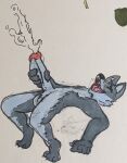  anthro arched_back blue_body blue_fur bodily_fluids canid canine cum cumshot ejaculation fox freeze_frame fur genital_fluids grey_body grey_fur hi_res hoodieguy humanoid looking_pleasured male mammal marker_(artwork) masturbation solo traditional_media_(artwork) 