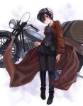  1girl black_hair black_jacket black_pants blue_eyes brown_coat coat commentary full_body goggles goggles_on_headwear grey_headwear ground_vehicle hermes_(kino_no_tabi) highres jacket kino_(kino_no_tabi) kino_no_tabi looking_at_viewer motor_vehicle motorcycle open_clothes open_coat pants parted_lips short_hair smile solo window1228 